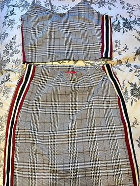 Guess Black, White & Gray Glen Plaid Skirt Set with Red Logo Accent